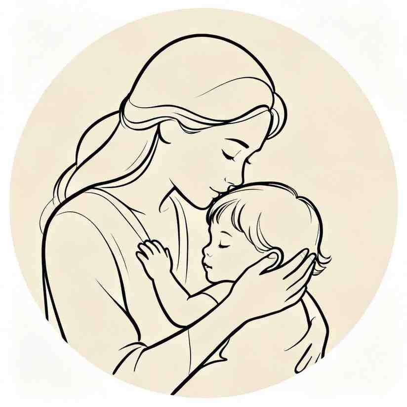 minimal line art of mother and child on cream background — maa dp for whatsapp