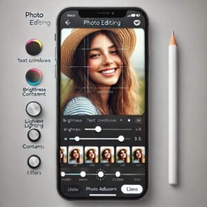 A screenshot of a photo editing app with tools for text overlays and lighting adjustments.