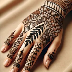 Modern mehndi design with geometric and leaf motifs on back hand