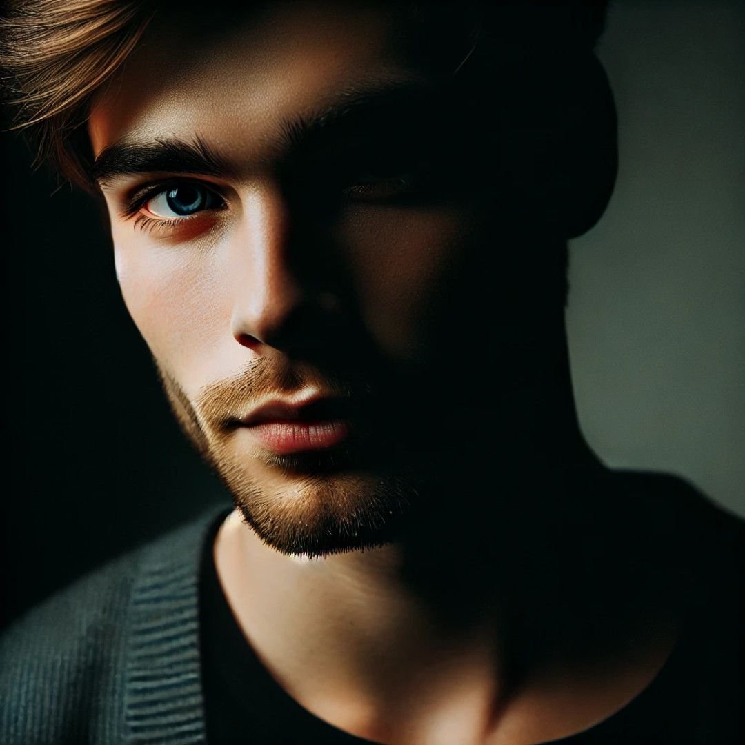 Close-up portrait of a young man with half his face in shadow and the other half illuminated, creating a moody and dramatic effect.