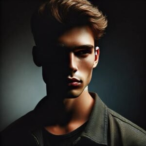 Portrait of a young man with intense side lighting, highlighting half of his face and leaving the other in deep shadow for a cinematic look.