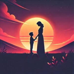 Sentimental Maa DP for WhatsApp featuring a silhouette of a mother and child against a glowing sunset.