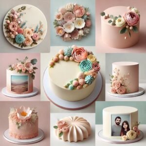 Collage of Mother’s Day cake designs.