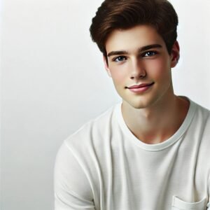 riendly young man with brown hair in a white t-shirt smiling