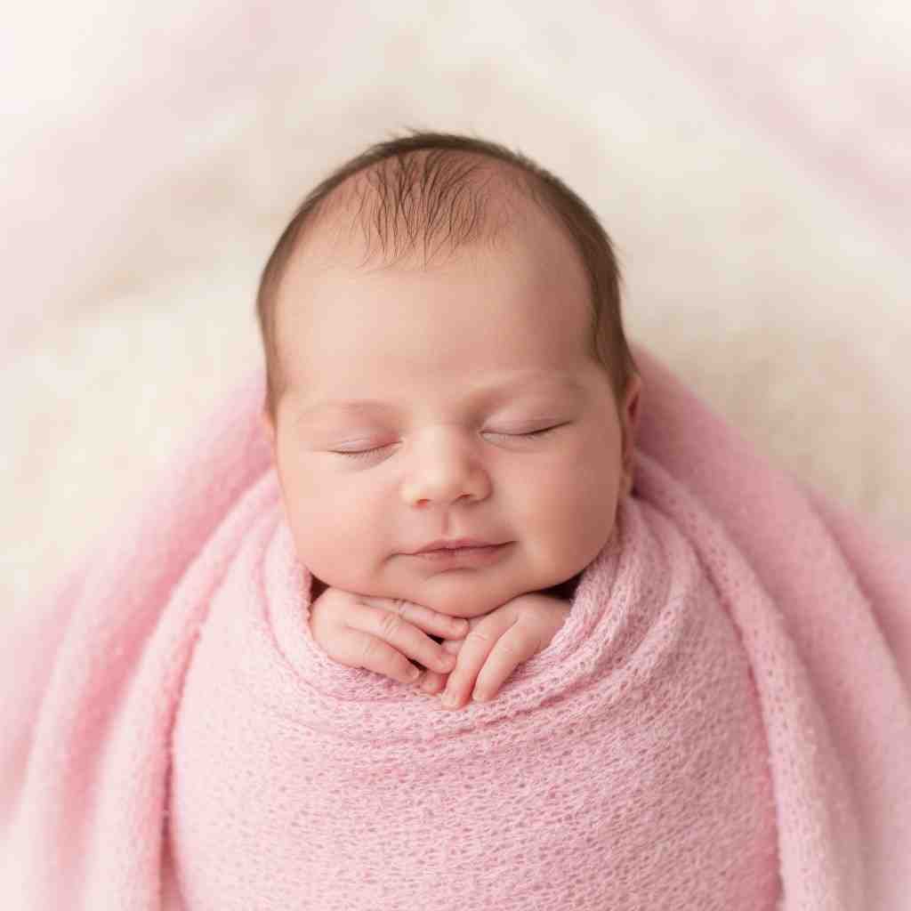 Newborn baby girl smiling in pink blanket WhatsApp DP