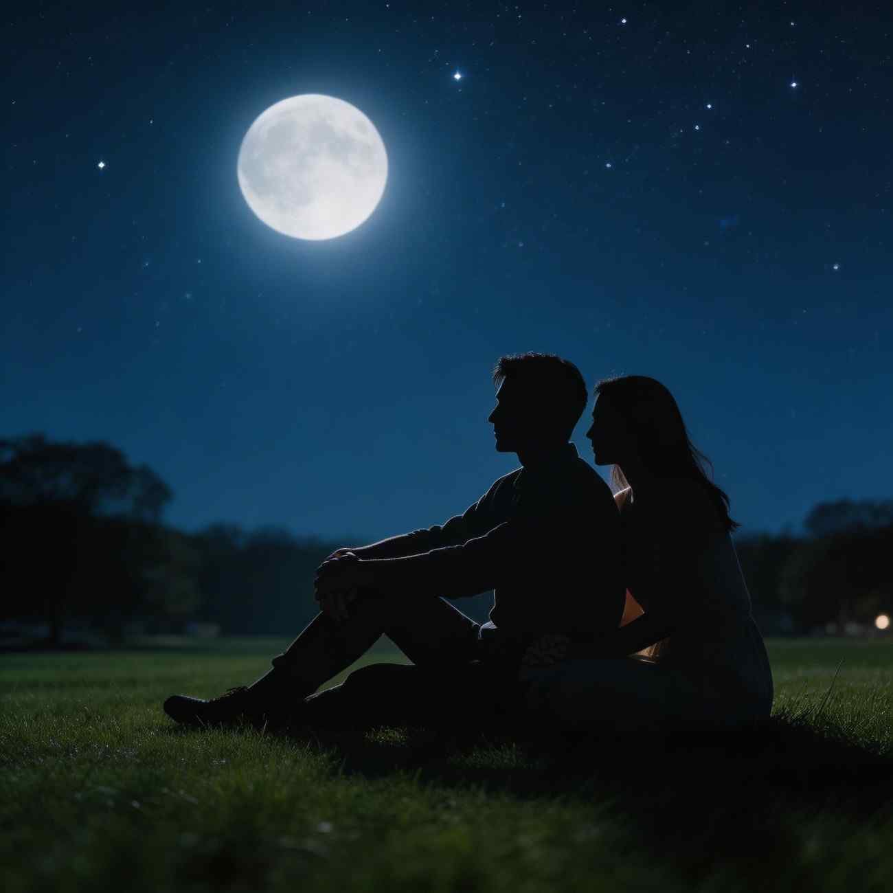 night romance love dp for whatsapp with couple sitting under stars and moonlight silhouette