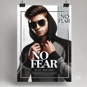 Mock DP image of a young man wearing sunglasses and a hoodie, featuring the motivational quote 'No Fear' in bold text.