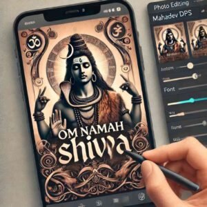 Photo editing app showing a Mahadev DP with the mantra 'Om Namah Shivaya' overlay.
