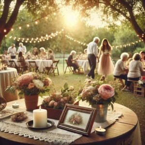 Outdoor wedding celebration with string lights, floral decorations, and guests enjoying the event.