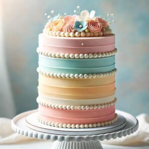 Layered Mother’s Day cake with pastel colors.