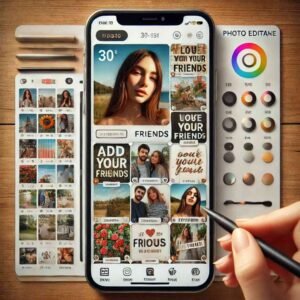 Screenshot of a photo editing app with tools for creating collages and adding text overlays for WhatsApp group DPs."