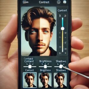 Editing app interface with contrast and brightness tools highlighted, demonstrating how small adjustments enhance a photo’s intensity.