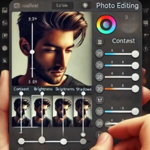 Screenshot of a photo editing app interface showing tools like contrast, brightness, and shadow adjustments with sliders.