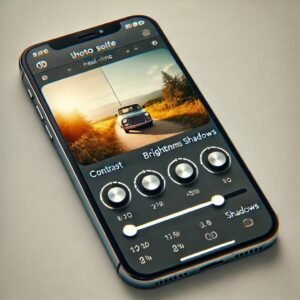 Photo editing app interface with sliders for contrast, brightness, and shadows adjustments.