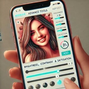 A detailed photo editing app interface showing brightness, contrast, and text overlay tools.