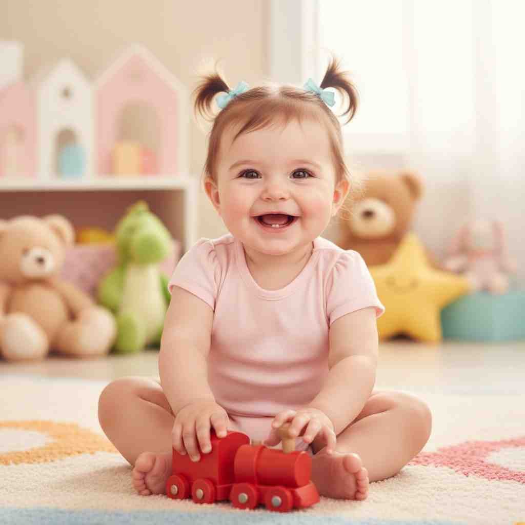 Playful smiling baby girl with toy for WhatsApp