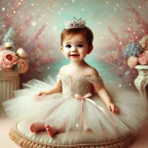 A baby girl in a sparkling gown with a tiara, sitting gracefully in a magical setting.