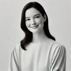 A young woman with a calm expression against a plain light grey background.