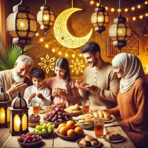 Family with traditional dishes for Mahe Ramzan