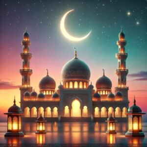 Ramzan ka Chand with a mosque backdrop.
