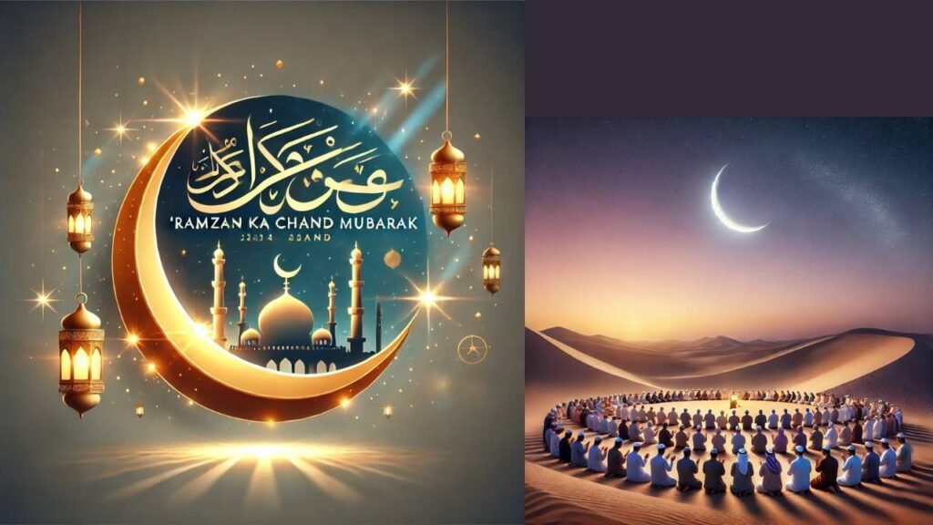 Ramzan Ka Chand Mubarak with crescent moon and festive decorations