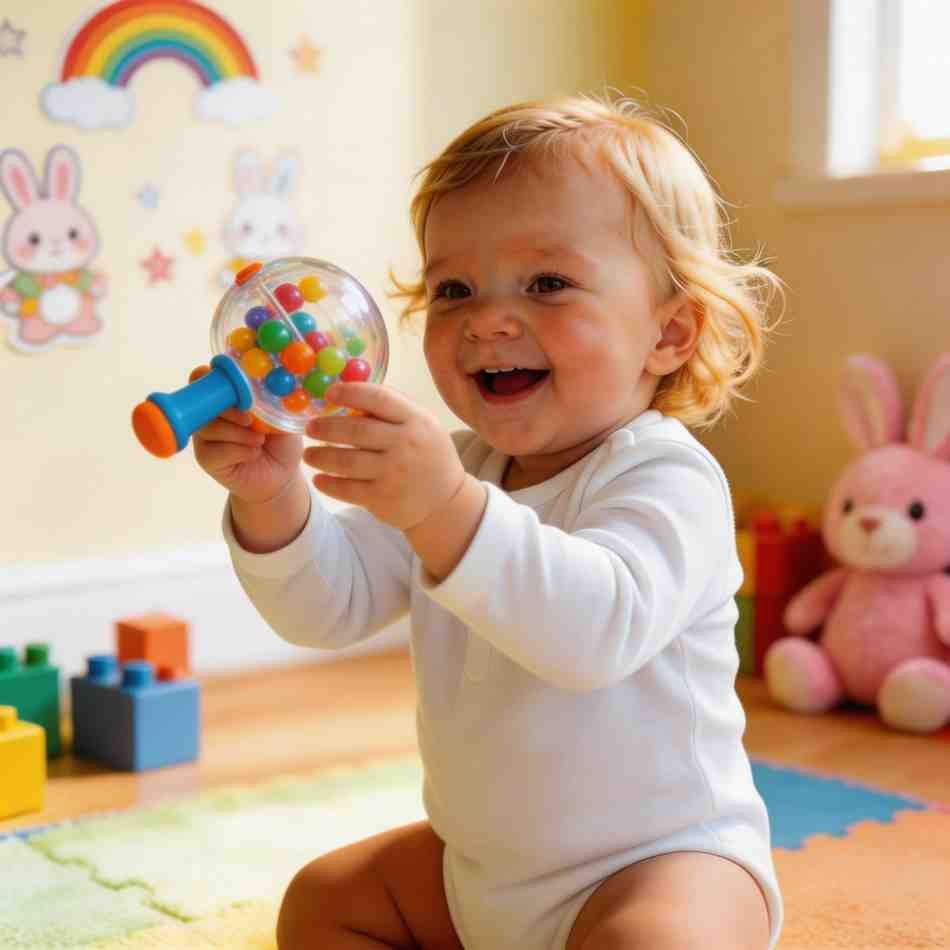 Baby girl shaking rattle playfully