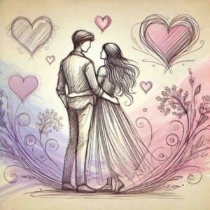 Cute sweet love DP for WhatsApp with a hand-drawn couple sketch and pastel hearts.