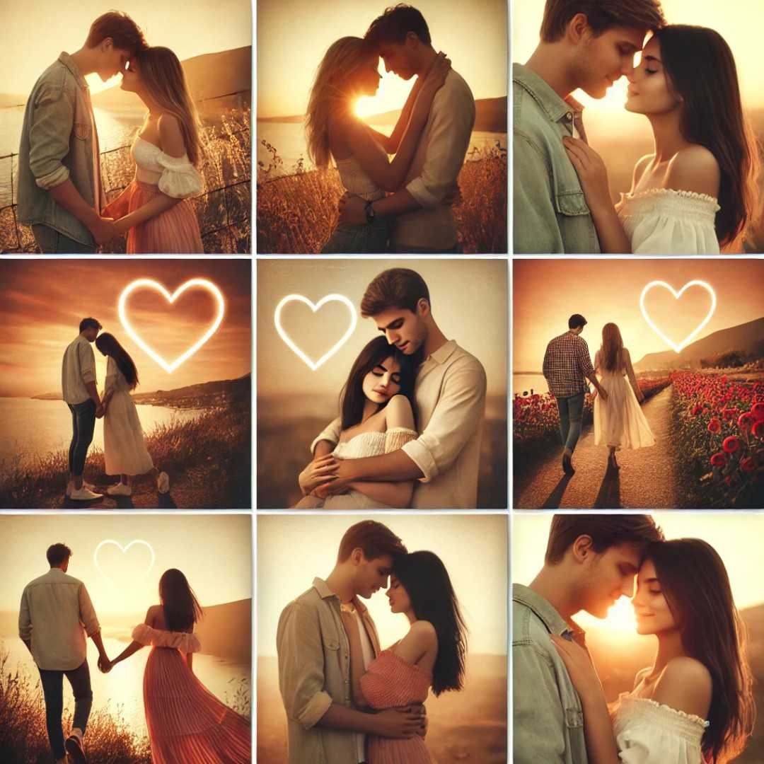 WhatsApp DP for couple showing a collage of romantic photos with soft filters and heart overlays.