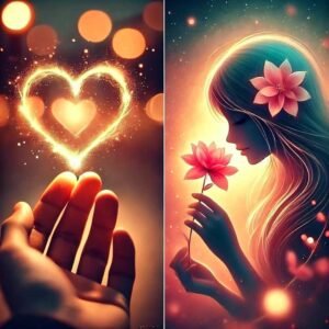 Girl Shayari DP with a glowing heart and a girl holding a flower.