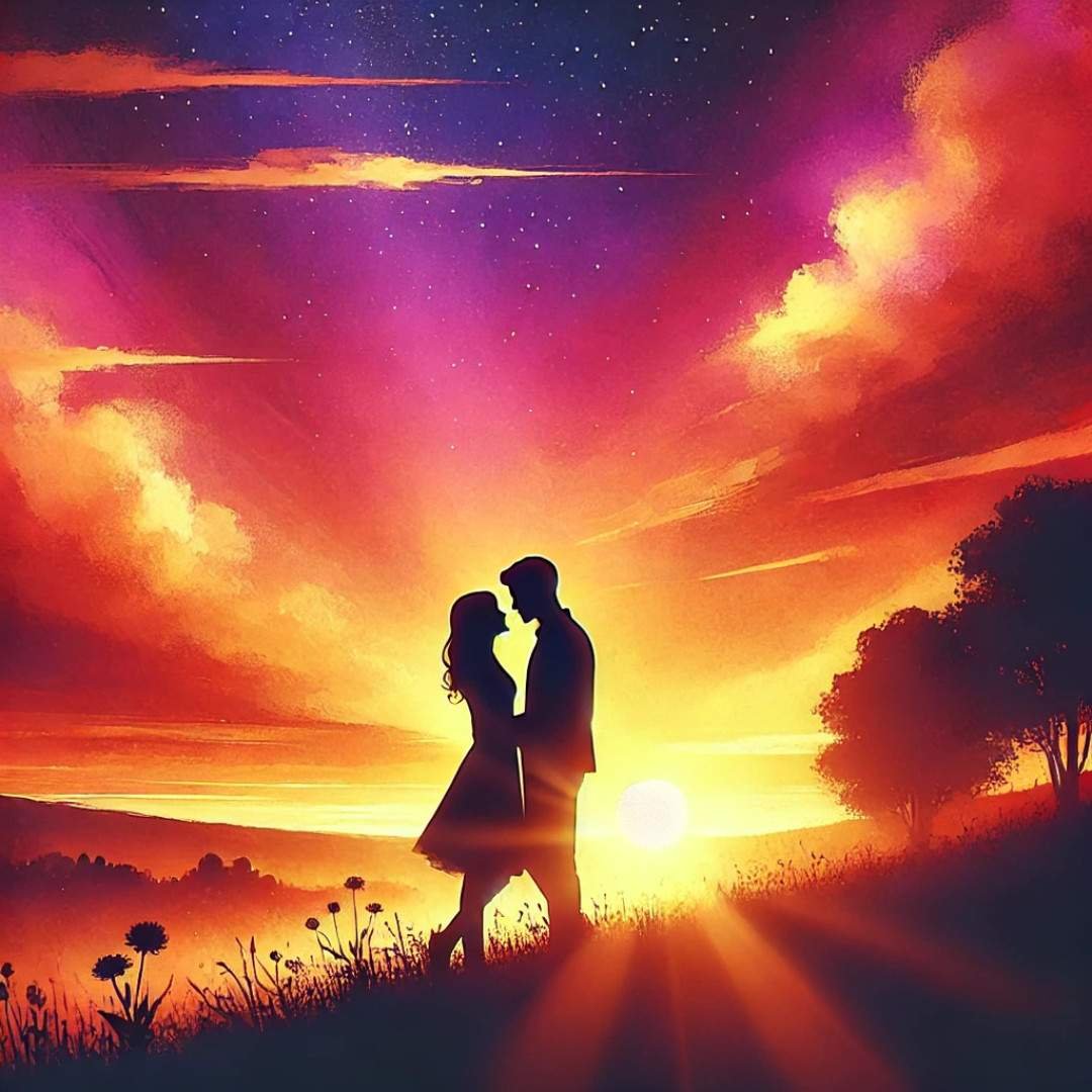 WhatsApp DP for couple featuring a romantic silhouette against a glowing sunset.
