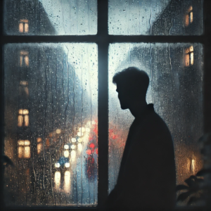A blurred window with raindrops and a silhouette looking outside, ideal for a WhatsApp DP sad girl.