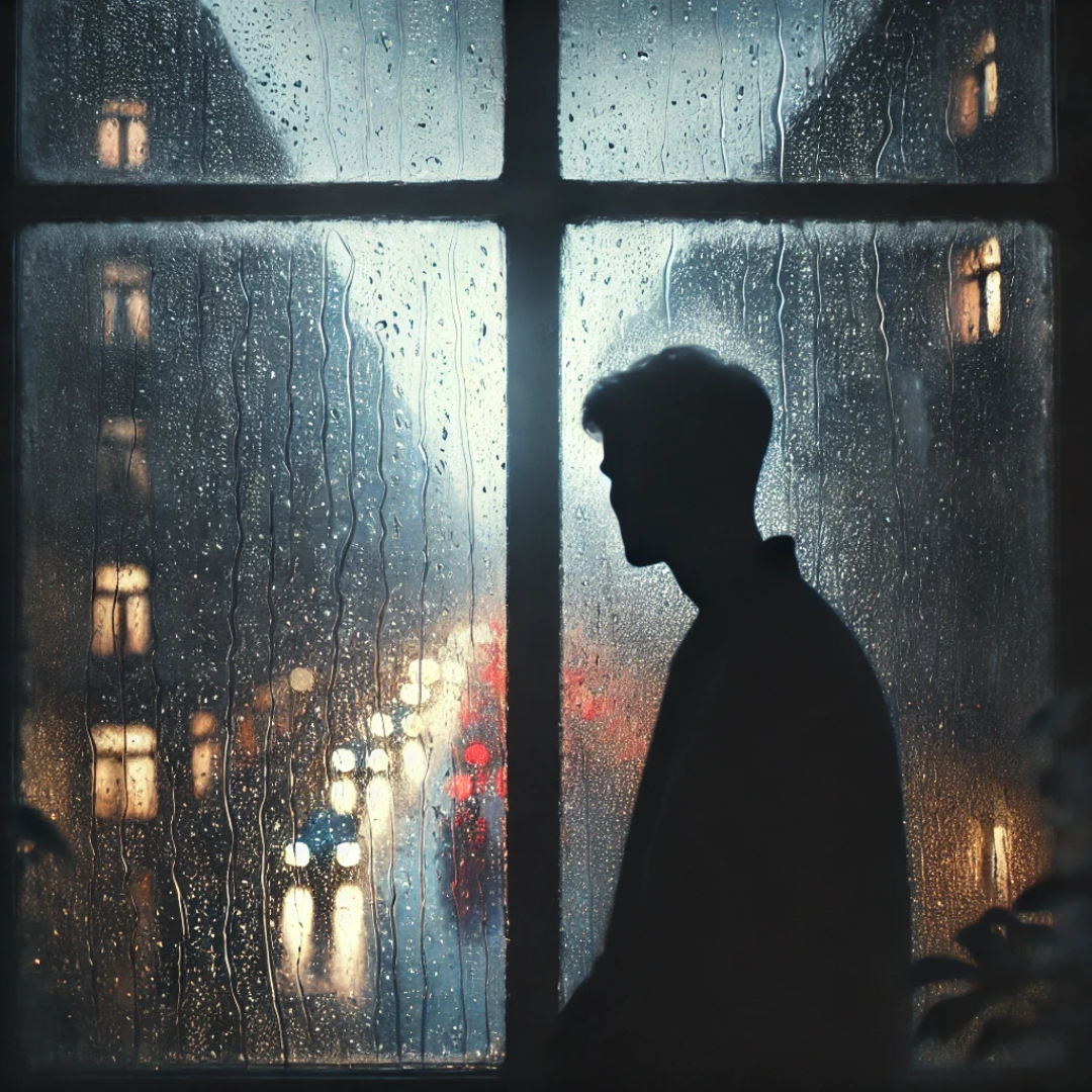 A blurred window with raindrops and a silhouette looking outside, ideal for a WhatsApp DP sad girl.