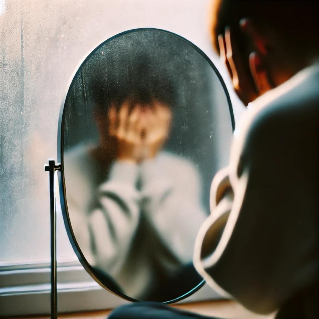 A blurred mirror reflection of a person holding their face in their hands, suitable for sad images for WhatsApp DP.