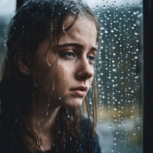 A blurred window with raindrops and a silhouette looking outside, ideal for a WhatsApp DP sad girl.