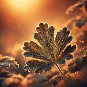 A close-up of a leaf with water droplets during a sunset, perfect for sad status DP ideas.