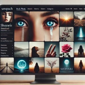 Gallery of emotional and Shayari DPs on a stock photo website mockup.
