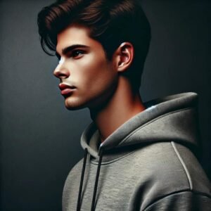 Dramatic black-and-white headshot of a young man in casual attire with a serious expression, featuring strong contrast and shadows.