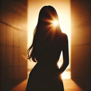 A silhouette of a woman standing in front of a bright light, creating a hidden face effect, ideal for WhatsApp DP.