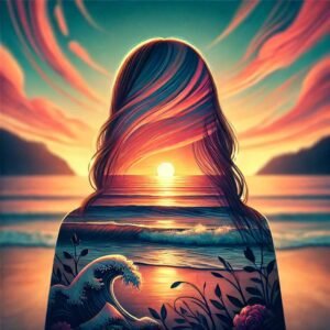A silhouette of a woman with a beach sunset scene inside, blending nature and serenity, perfect for WhatsApp DP.