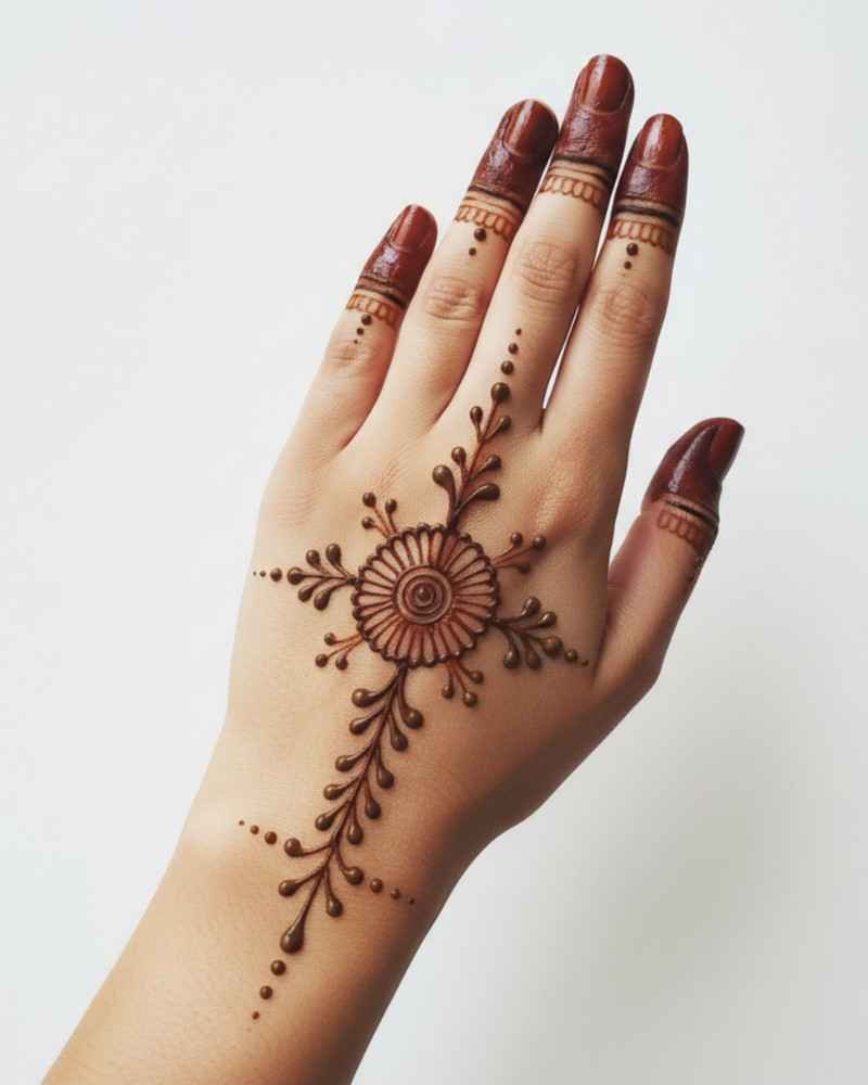 Simple floral back hand mehndi design for Eid with central motif