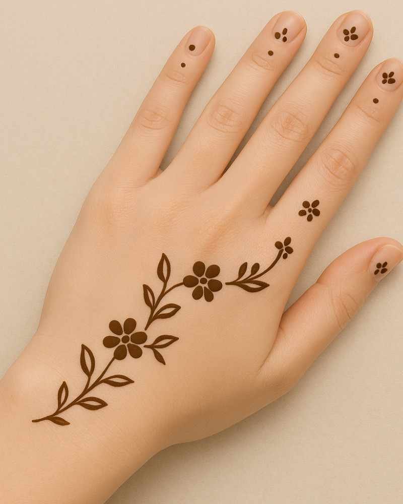 Simple Eid mehndi back hand design with leafy vine pattern