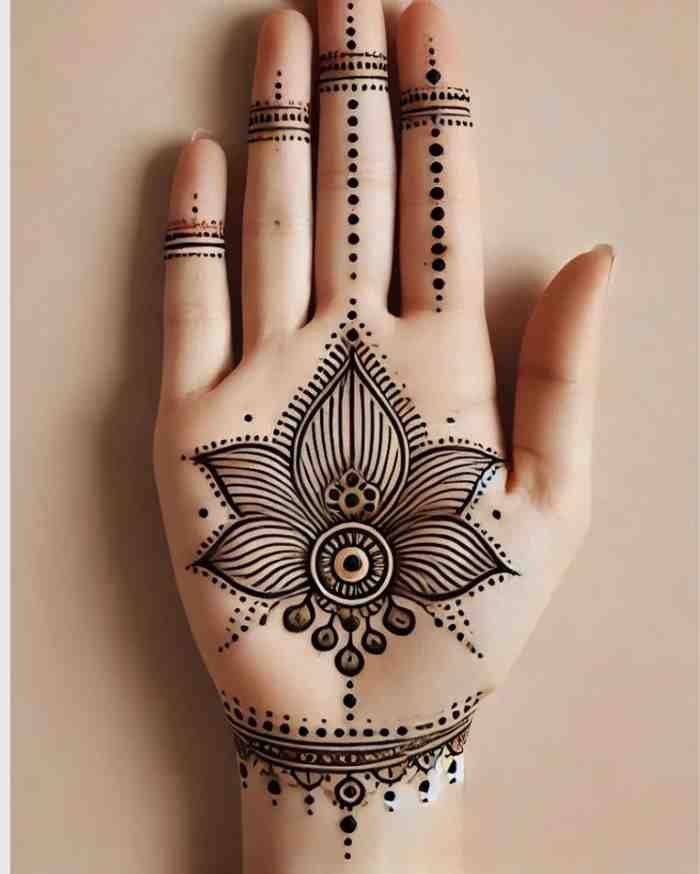 Simple front hand mehndi design with floral mandala pattern for Eid