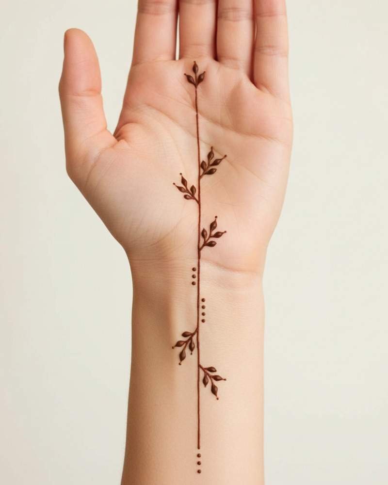 Simple front hand mehndi design with vertical vine pattern for Eid