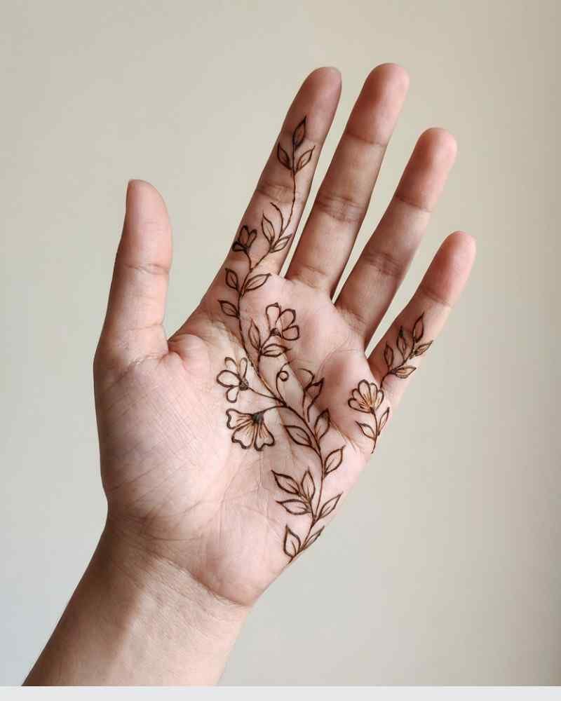 Simple front hand mehndi design with vertical vine pattern for Eid