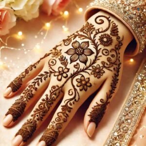 A close-up of a single hand featuring delicate floral mehndi designs with vines and flowers for Eid.