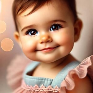 A close-up of a baby girl with sparkling eyes and a gentle smile in a pastel frock