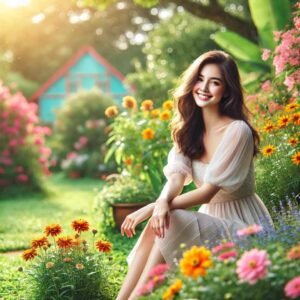 A girl sitting in a vibrant garden surrounded by colorful flowers.