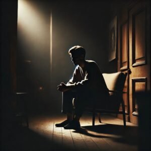A dimly lit room with a single subject surrounded by shadows, reflecting introspection for sad WhatsApp DPs.