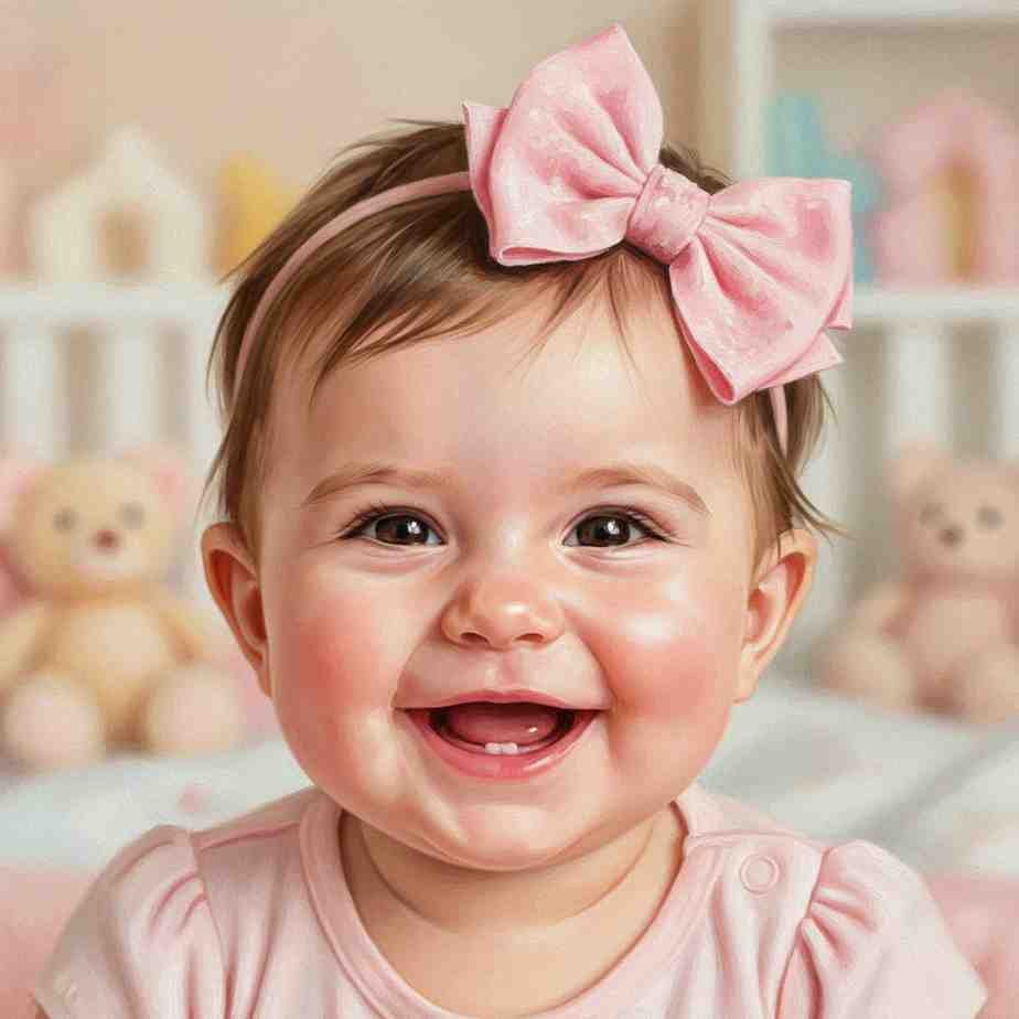 Baby girl with sparkling eyes and bow smiling