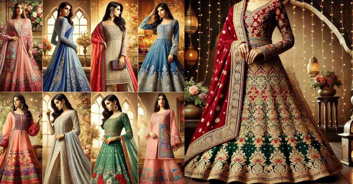 A vibrant collage showcasing Eid dress for woman, featuring traditional Anarkali suits, Abayas, sarees, and modern fusion outfits in rich colors and intricate designs.